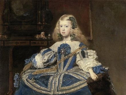 Ein Porträt eines Mädchens in einem opulenten, blauen Kleid mit silbernen Verzierungen. Sie trägt eine Schleife im Haar und hält eine Fächer in der Hand. Im Hintergrund sind verschwommene Möbel zu sehen.