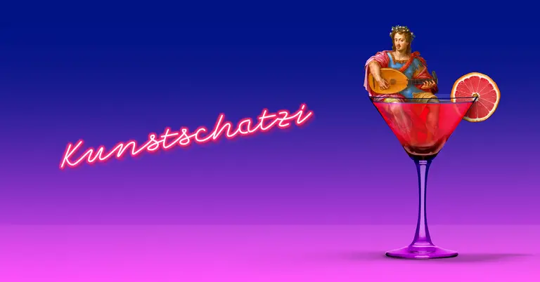 Ein farbenfroher Cocktail in einem stilvollen Glas, gefüllt mit rotem Getränk. Im Glas sitzt eine Figur, die eine Gitarre spielt. Links im Bild steht der neonfarbene Schriftzug 