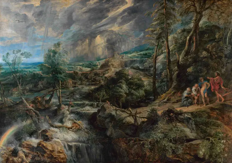 Ein Landschaftsgemälde mit einem reißenden Fluss im Vordergrund und einer bunten Regenbogenhälfte. Im Hintergrund sind dramatische Wolken und Berge zu sehen. Einige Figuren sind auf einem Pfad in der Mitte des Bildes abgebildet, umgeben von Bäumen und üppiger Natur.