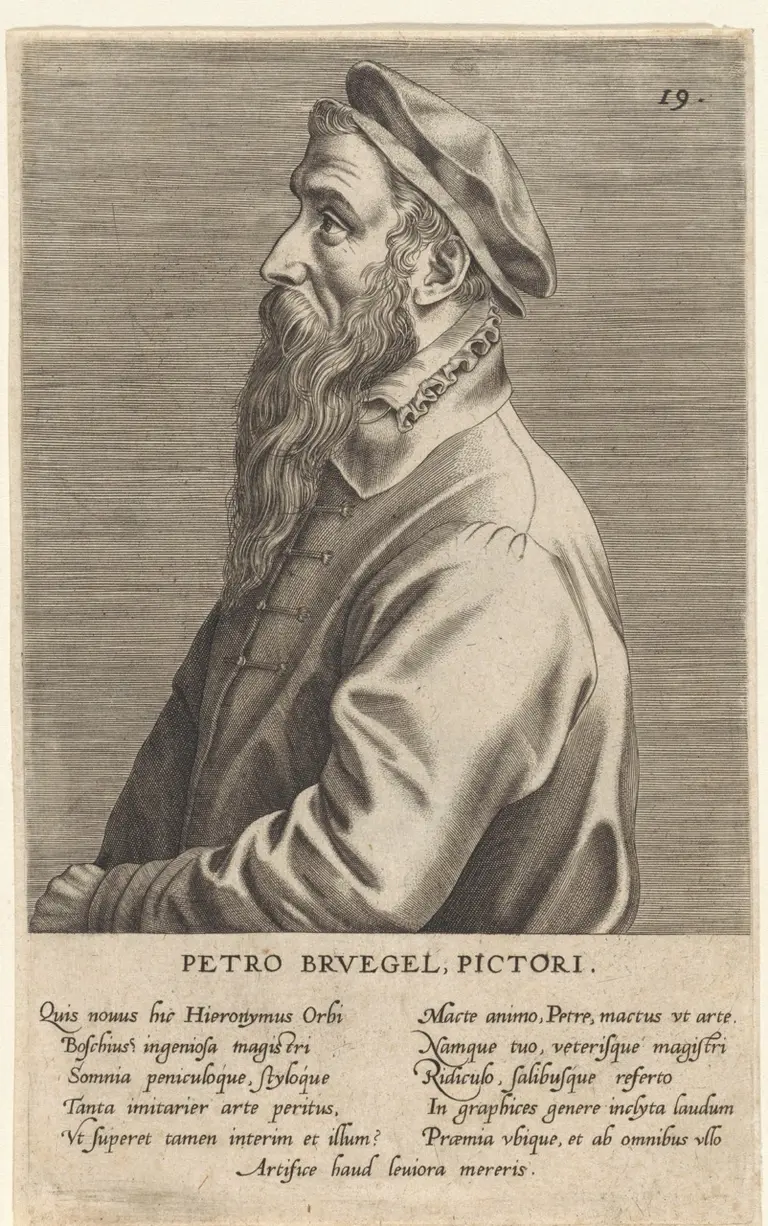 Porträt eines Mannes im Profil, mit langem, bärtigem Gesicht und einer Mütze. Der Mann trägt ein Oberteil mit einem hohen Kragen. Unter dem Bild steht der Text „PETRO BRVEGEL, PICTORI“. Das Bild vermittelt eine klassische, künstlerische Darstellung.