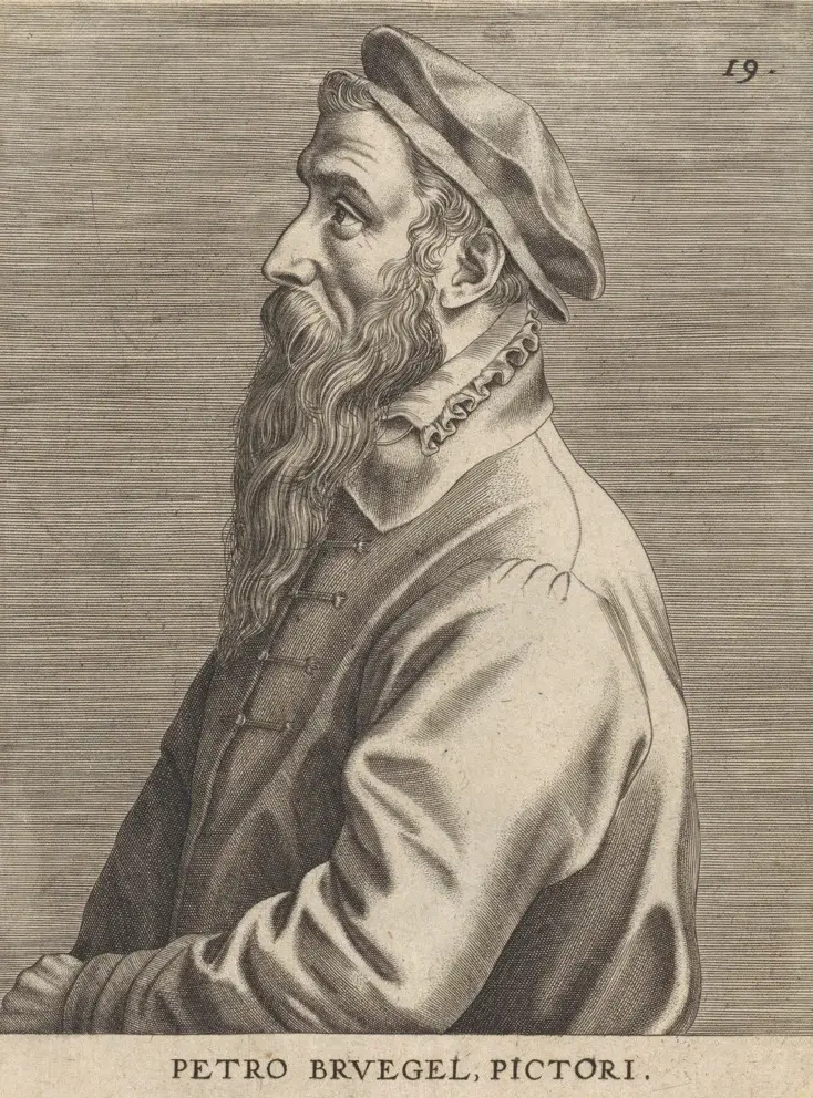 A profile portrait of a man with a long beard, wearing a beret and a collar. Text beneath identifies him as 