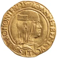 Die Abbildung zeigt eine goldene Münze mit dem Profil eines männlichen Herrschers. Er trägt eine traditionelle Kopfdeckung. Um den Rand der Münze ist ein Schriftzug zu sehen, der den Namen des Herrschers enthält. Der Stil und die Details deuten auf eine historische Herkunft hin.