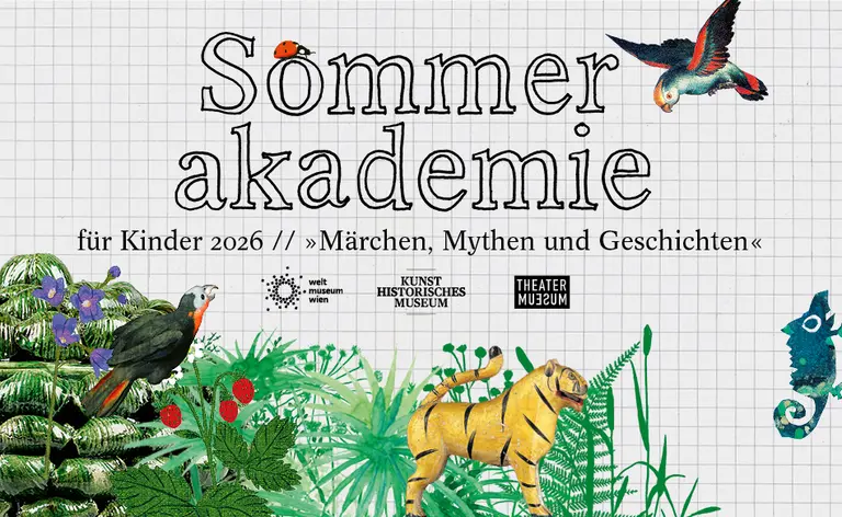 Plakat für die Sommerakademie 2026 für Kinder mit dem Thema „Märchen, Mythen und Geschichten“. Es zeigt bunte Illustrationen von Tieren und Pflanzen sowie den Text „Sommer akademie“ in großen Buchstaben. Logos von beteiligten Institutionen sind ebenfalls abgebildet.