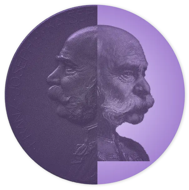 Das Bild zeigt eine Medaille mit dem Profil eines Mannes mit einem ausgeprägten Schnurrbart. Die linke Seite ist klar und detailliert, während die rechte Seite in einem pixelartigen, schematischen Stil dargestellt ist. Der Mann scheint Franz Joseph, Kaiser von Österreich, zu sein.