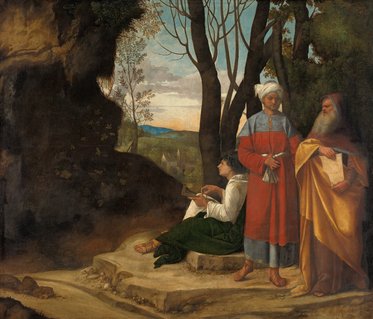 Drei Personen stehen in einer Landschaft. Ein junger Mann sitzt auf einem Stein und spielt ein Instrument. Neben ihm stehen ein Mann in rot und ein älterer Mann mit Bart, beide schauen auf ihn. Im Hintergrund erstreckt sich eine sanfte Hügellandschaft unter einem klaren Himmel.