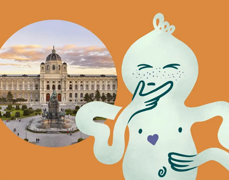 Eine stilisierte, nachdenkliche Figur mit einem Herz auf der Brust steht vor einem historischen Gebäude im Hintergrund, das den Eindruck eines Museums vermittelt. Die Szenerie ist vor einem orangefarbenen Hintergrund platziert. Die Atmosphäre wirkt freundlich und anregend.