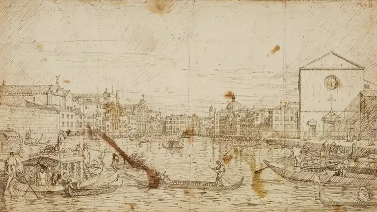 A detailed etching of a busy waterfront scene featuring various boats, including gondolas, navigating a canal. Buildings line the shore, showcasing a mix of architecture, while people engage in activities both on the boats and along the banks. A clock tower is visible in the background.