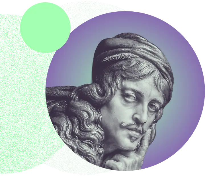 Ein historisches Porträt eines Mannes mit langen, lockigen Haaren und einem Schnurrbart. Er zeigt einen nachdenklichen Ausdruck und hält seinen Zeigefinger an die Lippen, als ob er um Ruhe bittet. Der Hintergrund ist in sanften Farben gestaltet.