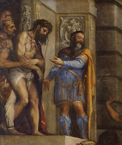 Die Szene zeigt mehrere Männer in historischen Gewändern. Ein verletzter Mann steht im Mittelpunkt, während ein anderer in betonter Haltung auf ihn zeigt. Die Emotionen der Charaktere vermitteln eine Atmosphäre von Spannung und Konflikt. Historische Details sind vorhanden, um den Kontext zu verdeutlichen.