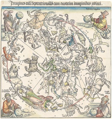 Eine historische Darstellung des Tierkreises mit astrologischen Konstellationen. Die Zeichnung zeigt die wichtigsten Sternbilder in kreisförmiger Anordnung, umgeben von mythologischen Figuren. Jede Konstellation ist mit ihren Namen beschriftet, um das Verständnis der Sternenkonstellationen zu erleichtern.