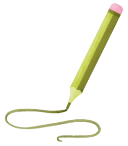 Ein grüner Buntstift mit rosa Radiergummi am Ende liegt schräg, wobei eine grüne Linie entsteht, die sanft geschwungen ist. Der Fokus liegt auf dem Stift und der Zeichnung, die er erzeugt.