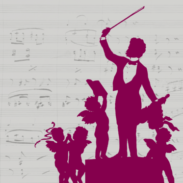 Eine stilisierte Darstellung eines Dirigenten, der mit einem Taktstock dirigiert, umgeben von Engelchen. Im Hintergrund sind Notenblätter angedeutet, die die musikalische Thematik unterstreichen.