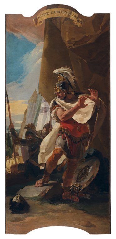 Ein römischer Krieger in Rüstung und Helm steht in dramatischer Pose vor einer Felswand. Er trägt einen Umhang und hält eine Hand an die Stirn, als ob er in die Ferne schaut. Im Hintergrund sind andere Krieger und eine Landschaft zu erkennen.