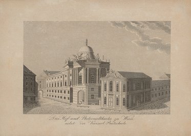 Die Abbildung zeigt ein historisches Gebäude, das als Hof- und Nationalbibliothek in Wien bezeichnet wird. Die Architektur ist detailreich mit einer Kuppel und zahlreichen Fenstern. Darunter steht der Text „Das Hof- und Nationalbibliothek zu Wien nebst von Kaiser Rudolf“.