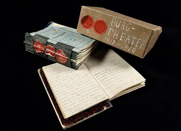 Die Abbildung zeigt mehrere Stapel handschriftlicher Notizen und ein handgefertigtes Etui mit der Aufschrift „Burg-Theater 1918-1919“. Die Notizen scheinen theaterbezogene Inhalte zu enthalten und sind in einem strukturierten Arrangement angeordnet.