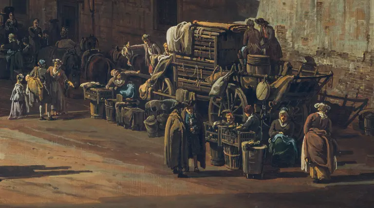 A bustling market scene depicting vendors and townsfolk in historic clothing. Horse-drawn carts loaded with goods are present, while people engage in trade and conversation amidst wooden crates and baskets. The setting is lively, capturing the atmosphere of daily commerce.