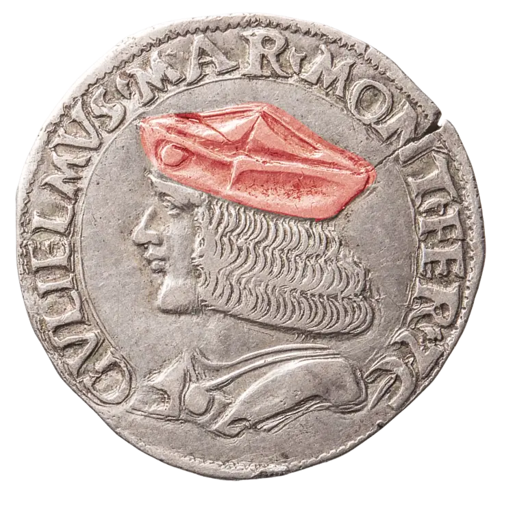 A silver coin features a profile of a man wearing a red hat, surrounded by ornate lettering. The man's facial details include long hair and a serene expression, showcasing the craftsmanship of the era. The coin represents historical currency and artistic style.