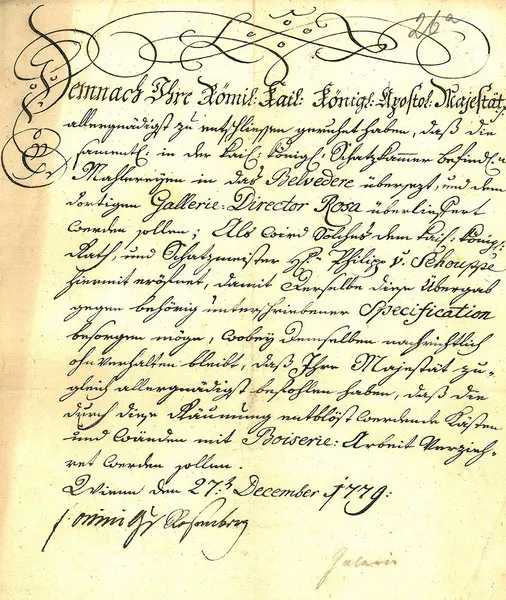 Eine handgeschriebene historische Dokumentation in Deutsch, die Informationen über eine künstlerische oder administrative Angelegenheit enthält. Das Dokument weist elegante Schriftzüge und gesiegelte Elemente auf und ist datiert auf den 27. Dezember 1779.