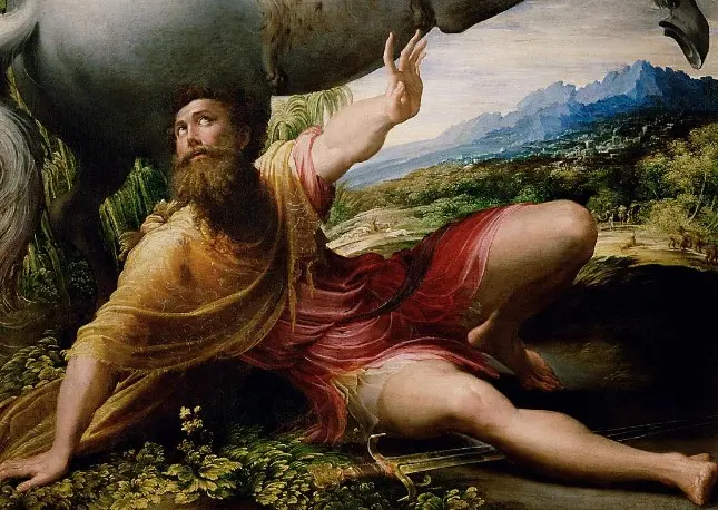 A man with a beard, dressed in a flowing red and gold garment, is shown in a dramatic pose, looking back with an expression of surprise or fear. A large white horse stands above him, with a backdrop of mountains and a landscape suggesting a rural setting.