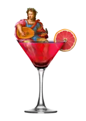 Ein Cocktailglas mit roter Flüssigkeit, aus dem eine Figur mit einer Laute herausschaut. Am Rand des Glases befindet sich eine Orangenscheibe.