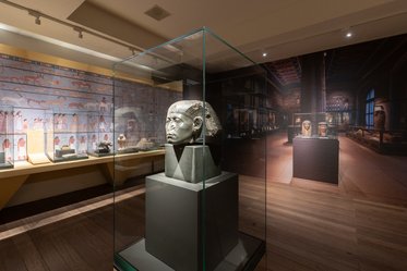 Ein antiker Kopf aus Stein steht in einem Glaskasten in einem Museum. Im Hintergrund sind Wände mit Wandmalereien und weitere Exponate zu sehen. Die Beleuchtung und die Architektur des Raums schaffen eine historische Atmosphäre.