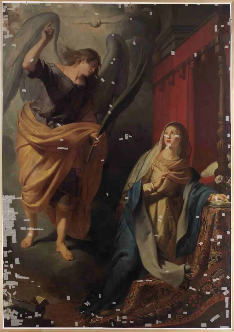 The Annunciation scene: An angel with large wings and a raised finger delivers a message to Mary, who kneels and looks upward.