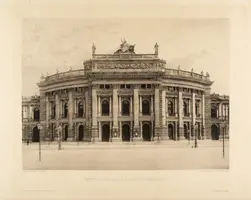 Historische Ansicht des Königlichen Theaters, das eine prächtige, rundliche Fassade mit Säulen und dekorativen Elementen zeigt. Vor dem Gebäude sind Menschen zu sehen, die sich um das Theater gruppieren. Der Himmel ist klar und die Umgebung ist urban.