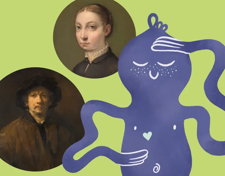 Das Bild zeigt eine bunte Illustration mit einem fröhlichen, anthropomorphen Tentakelwesen in der Mitte. Links und rechts befinden sich Porträts von zwei historischen Personen, die in traditionellen Stilen gemalt sind. Der Hintergrund ist ein helles Grün, das die Figuren hervorhebt.