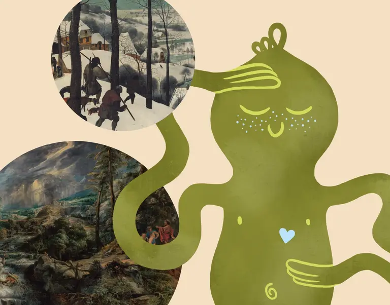 Eine freundliche, grüne Figur mit geschlossenen Augen und einem Lächeln hält eine Hand an die Stirn. Um sie herum sind zwei kreisförmige Bilder: eines zeigt eine winterliche Landschaft mit Menschen und das andere eine malerische Naturansicht.