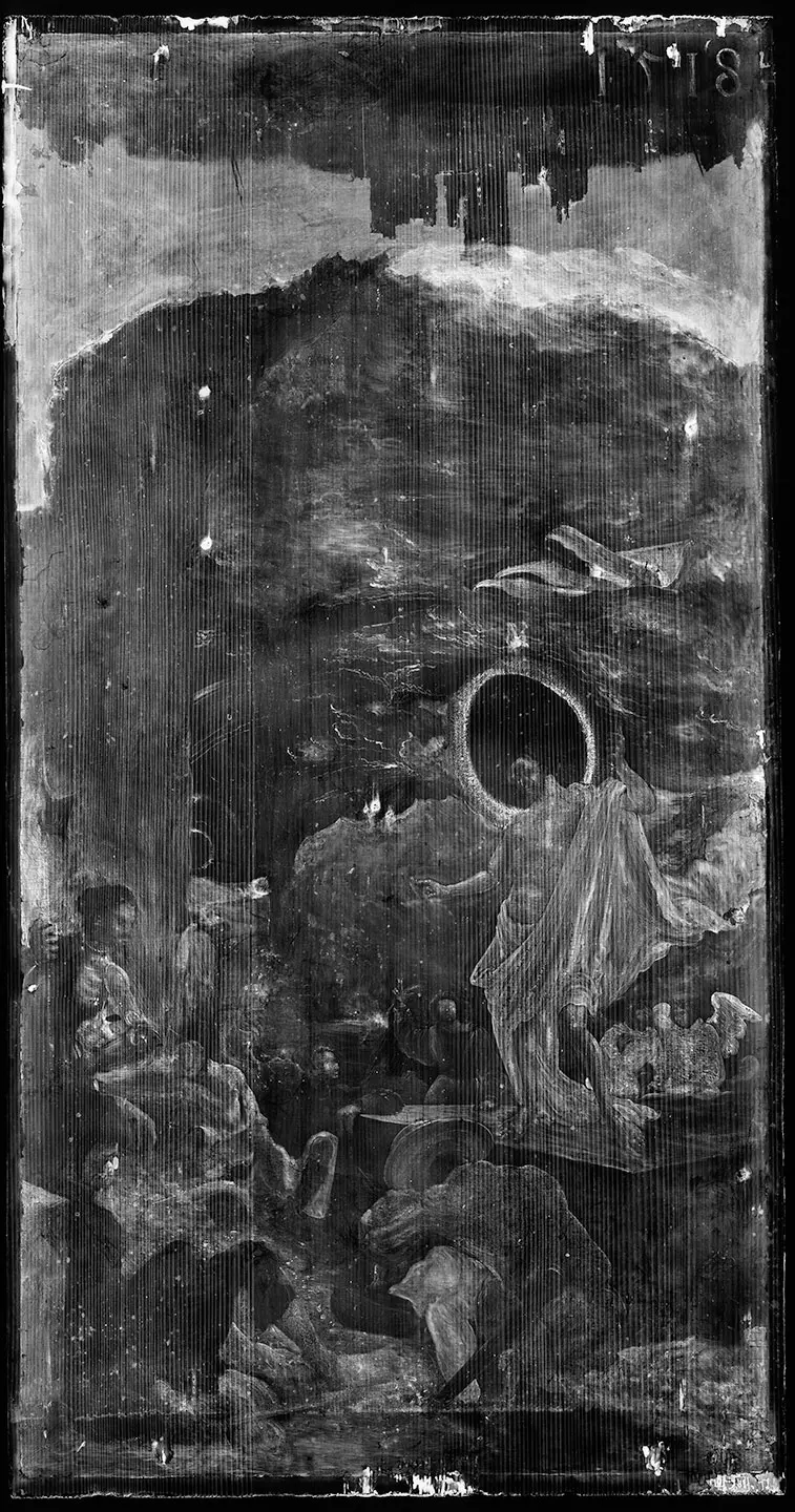 Das Bild zeigt eine religiöse Szene mit mehreren Figuren, die um einen zentralen, strahlenden Lichtkreis gruppiert sind. Einige Personen scheinen überrascht oder verehrt zu sein, während andere in den Hintergrund gedrängt sind. Der Himmel ist tumultartig mit dunklen Wolken und strahlenden Lichtpunkten dargestellt.