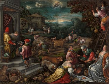 Eine ländliche Szene mit mehreren Menschen, die bei landwirtschaftlichen Arbeiten helfen. Einige stehen in der Nähe eines Hauses, während andere auf einem Feld arbeiten oder Tiere betreuen. Es gibt viel Aktivität, wie das Ernten von Früchten und das Kochen in der Mitte des Bildes.