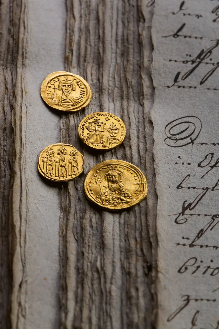Four ancient gold coins are arranged on a textured wooden surface, accompanied by a piece of aged paper with handwritten text. The coins feature intricate engravings of figures and symbols, reflecting historical significance.
