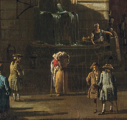 A historical scene depicting several figures in 18th-century attire gathered near a fountain. One figure, possibly a servant, is attending to the fountain, while others engage in conversation. The setting appears to be an outdoor public square, suggesting a lively atmosphere.