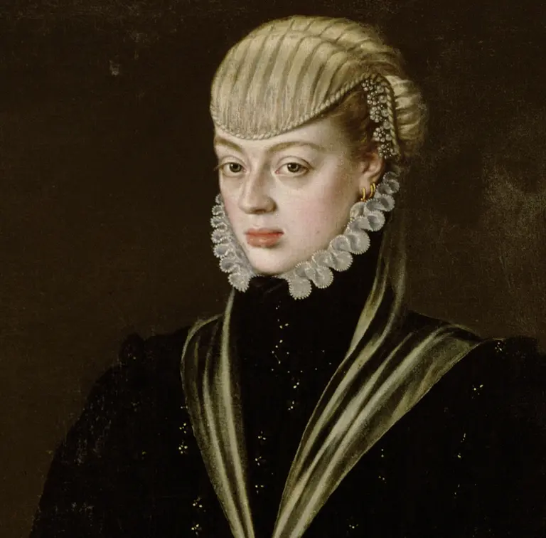 A historical portrait of a woman with fair skin and light hair styled in an elaborate manner. She wears a dark, high-collared garment adorned with ruffles. The background is muted, highlighting her solemn expression and regal appearance.