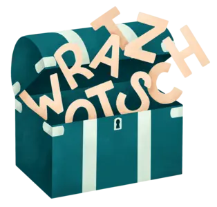 Eine geöffnete Schatztruhe in Blau mit weißen Streifen, aus der Buchstaben herausragen. Die Buchstaben formen das Wort 