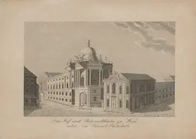 Eine historische Zeichnung des Hof- und Nationaltheaters in Wien, umgeben von Gebäuden. Das Theatergebäude hat eine markante Kuppel und ist architektonisch aufwendig gestaltet. Darunter steht der Titel 
