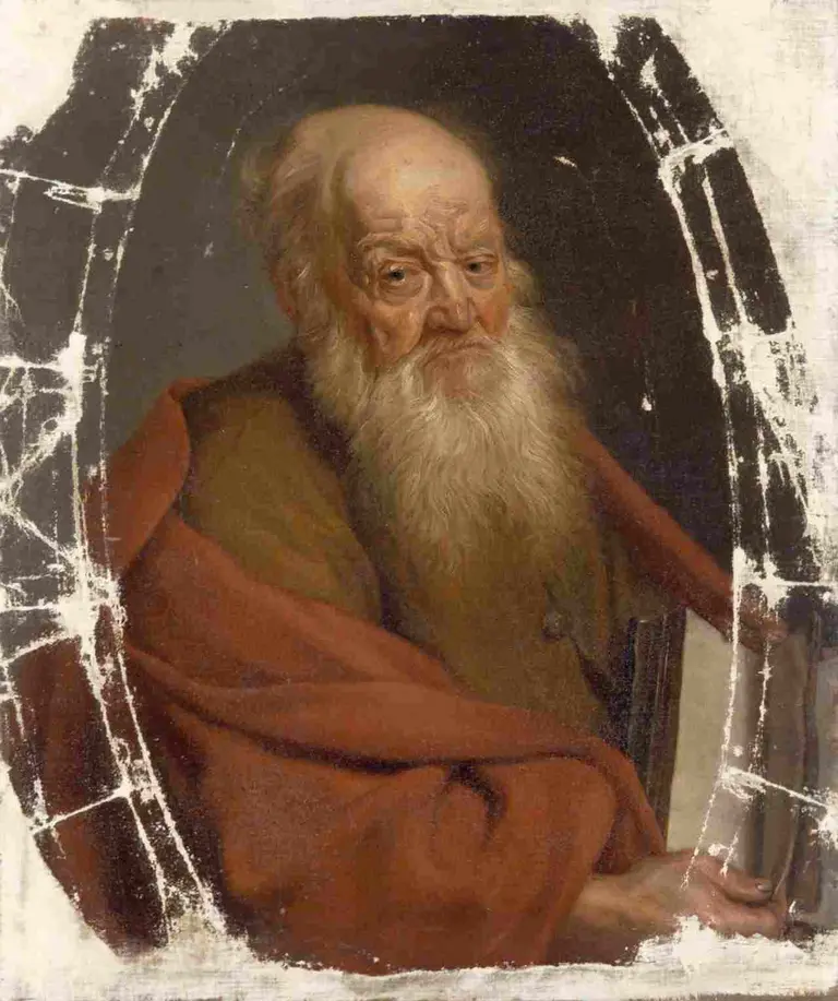 Portrait of Saint Joachim. An old man with a long white beard, bald head, and wrinkled brow, wearing a red garment.