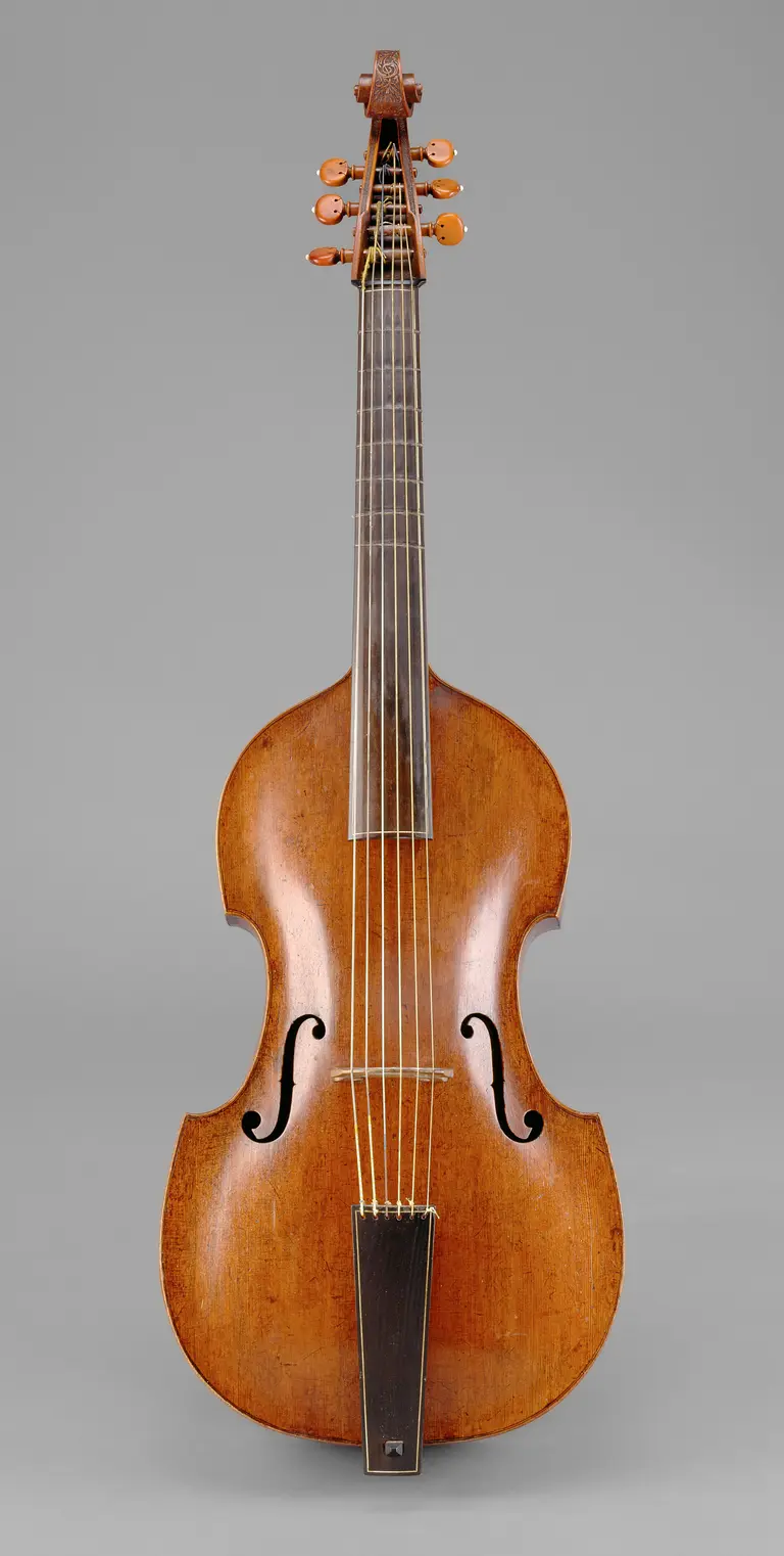 A wooden string instrument, resembling a violin, with a rounded body, a long neck, and four strings. The instrument features a smooth finish, with f-holes on either side of the body, and is oriented upright against a neutral background.