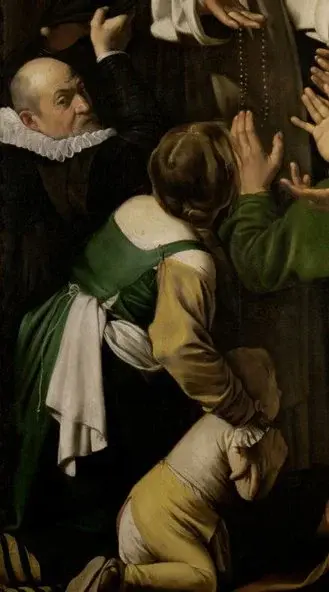 Die Darstellung zeigt mehrere Personen, die sich kniend in Andacht befinden. Ein Kind mit einem grünen Kleid und ein weiteres Kind knien im Vordergrund, während Erwachsene ihre Hände in einer Gebetshaltung erheben. Die Szene vermittelt einen Moment der religiösen Hingabe und Gemeinschaft.