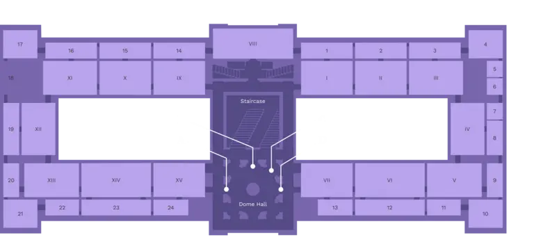 A floor plan depicts a building layout with numbered rooms arranged around a central Dome Hall and staircase. The rooms are labeled in Roman numerals and the design is highlighted in purple. Arrow indicators point towards different sections of the building.