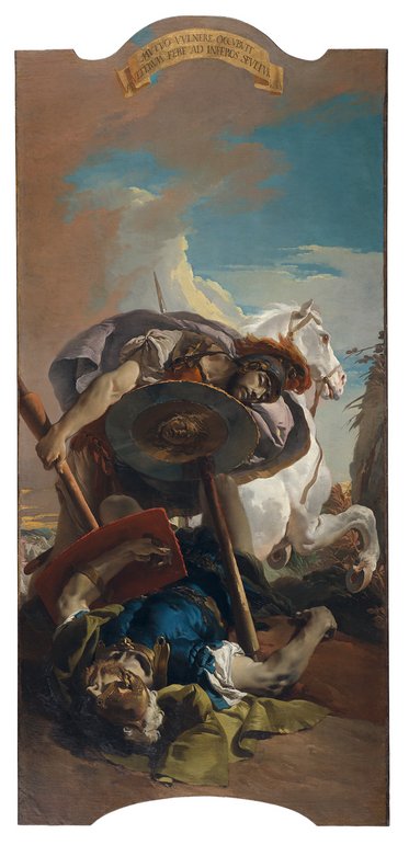 Ein dramatisches Gemälde zeigt einen Krieger, der über einen gefallenen Feind hinwegstürzt, während ein Pferd im Hintergrund steht. Der Krieger hält ein Schild und eine Waffe, während der besiegte Kämpfer am Boden liegt. Die Szene ist von intensiven Farben und dynamischer Komposition geprägt.