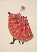 Eine elegant gekleidete Figur in einem opulenten, roten Mantel mit goldenen Verzierungen steht im Vordergrund. Der Mann trägt eine Krone und präsentiert eine majestätische Haltung. Der Hintergrund ist schlicht, um die Figur hervorzuheben.