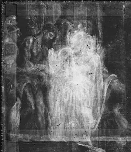 Ein verschwommener, schwarz-weißer Anblick von mehreren Personen, wobei ein zentraler, leuchtender Körper im Vordergrund hervorsticht. Die Figuren wirken huldigend und scheinen in einem altehrwürdigen Kontext dargestellt zu sein. Der Ausdruck vermittelt eine spirituelle oder feierliche Atmosphäre.