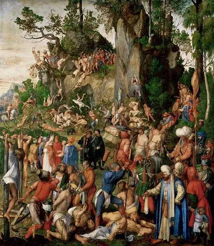 Ein großformatiges Gemälde, das eine biblische Szene darstellt. Menschen zeigen verschiedene Emotionen, einige leiden, während andere zuschauen oder agieren. Rechts sind Soldaten und Ausführende zu sehen, inmitten einer unruhigen, dramatischen Landschaft. Der Hintergrund zeigt Berge und Bäume.