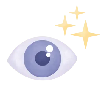 Ein einfaches, stilisiertes Auge in sanften Farben. Es hat eine große Iris in Blau mit einem kleinen weißen Glanzpunkt. Über dem Auge schweben drei goldene Sterne, die einen funkelnden Effekt vermitteln.