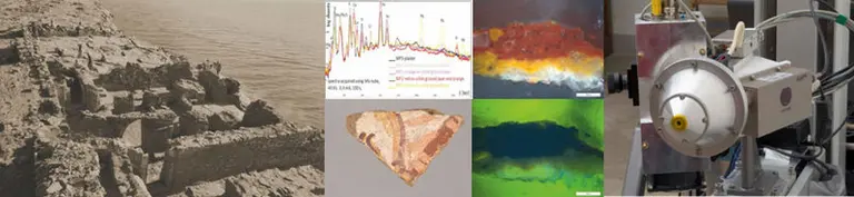 Die Abbildung zeigt verschiedene Aspekte der Geowissenschaften: historische Stätten, grafische Datenanalysen, geologische Proben und moderne Labortechnik. Diese Elemente verdeutlichen die Verbindung zwischen archäologischen Entdeckungen und wissenschaftlichen Untersuchungen.