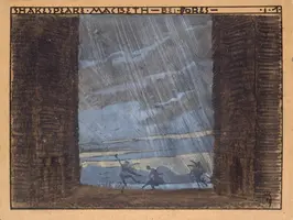 Die Darstellung zeigt eine dramatische Szene mit Silhouetten von Figuren, die im Regen stehen. Der Himmel ist grau und bewölkt, während kräftige Regenstreifen nach unten fallen. Das Bild vermittelt eine düstere, stürmische Atmosphäre, die an das Thema von Shakespeare's 