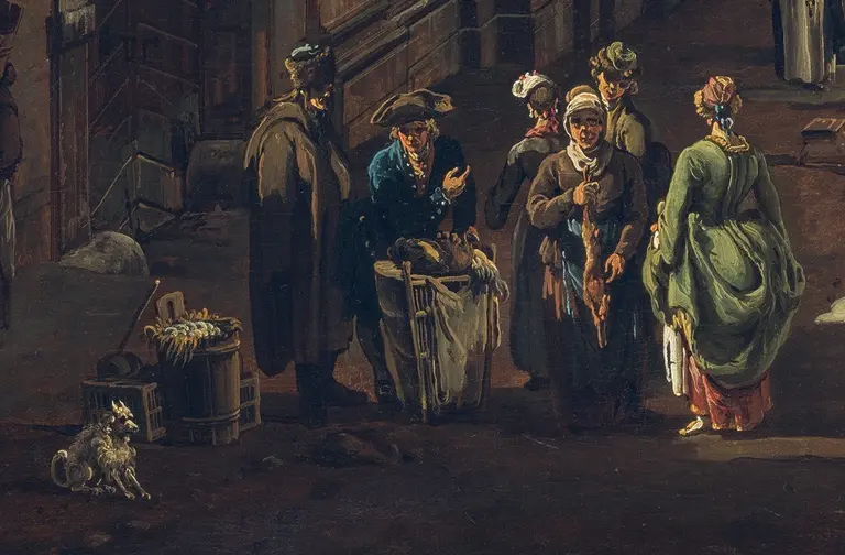 A group of six people dressed in historical attire interacts in a street scene. One man holds a basket, while a woman in a green dress stands nearby. A small dog is positioned on the ground to the left, and several barrels can be seen in the background.