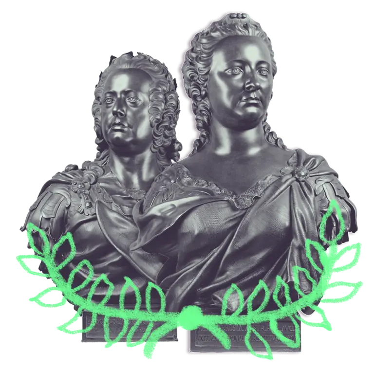 Two metallic busts of historical figures, one male and one female, displayed side by side. They are adorned with intricate fabric details and are placed on bases. A green leafy wreath design overlays the image, providing a contrasting decorative element.