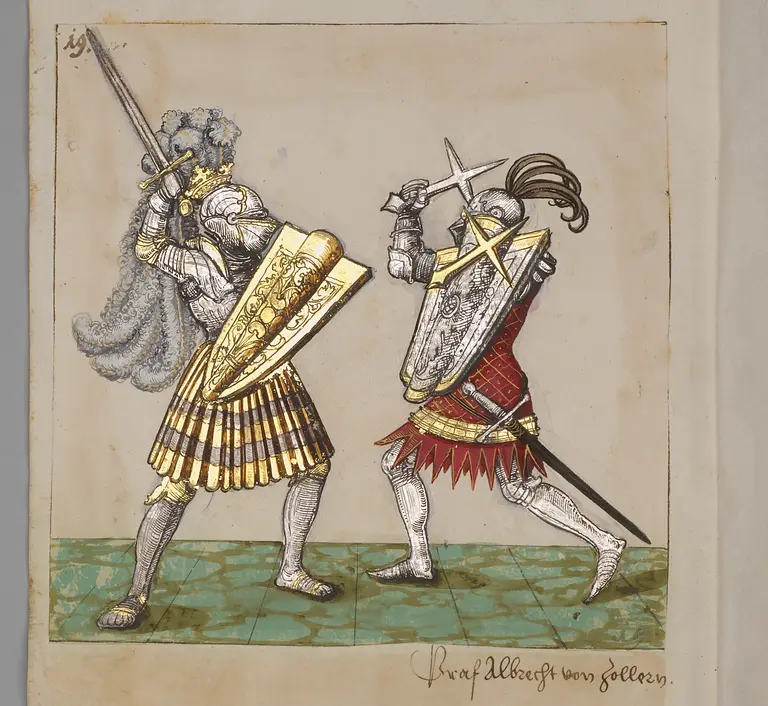 Two armored knights engage in a sword fight. The knight on the left wears a plumed helmet and a shield, while the knight on the right has a distinctive helmet and armor with red accents. The background features a textured ground, enhancing the scene of combat.